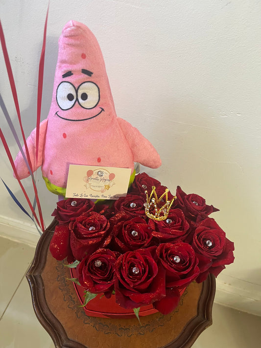Caja de arreglos 15 rosas y peluche incluye entrega sorpresa